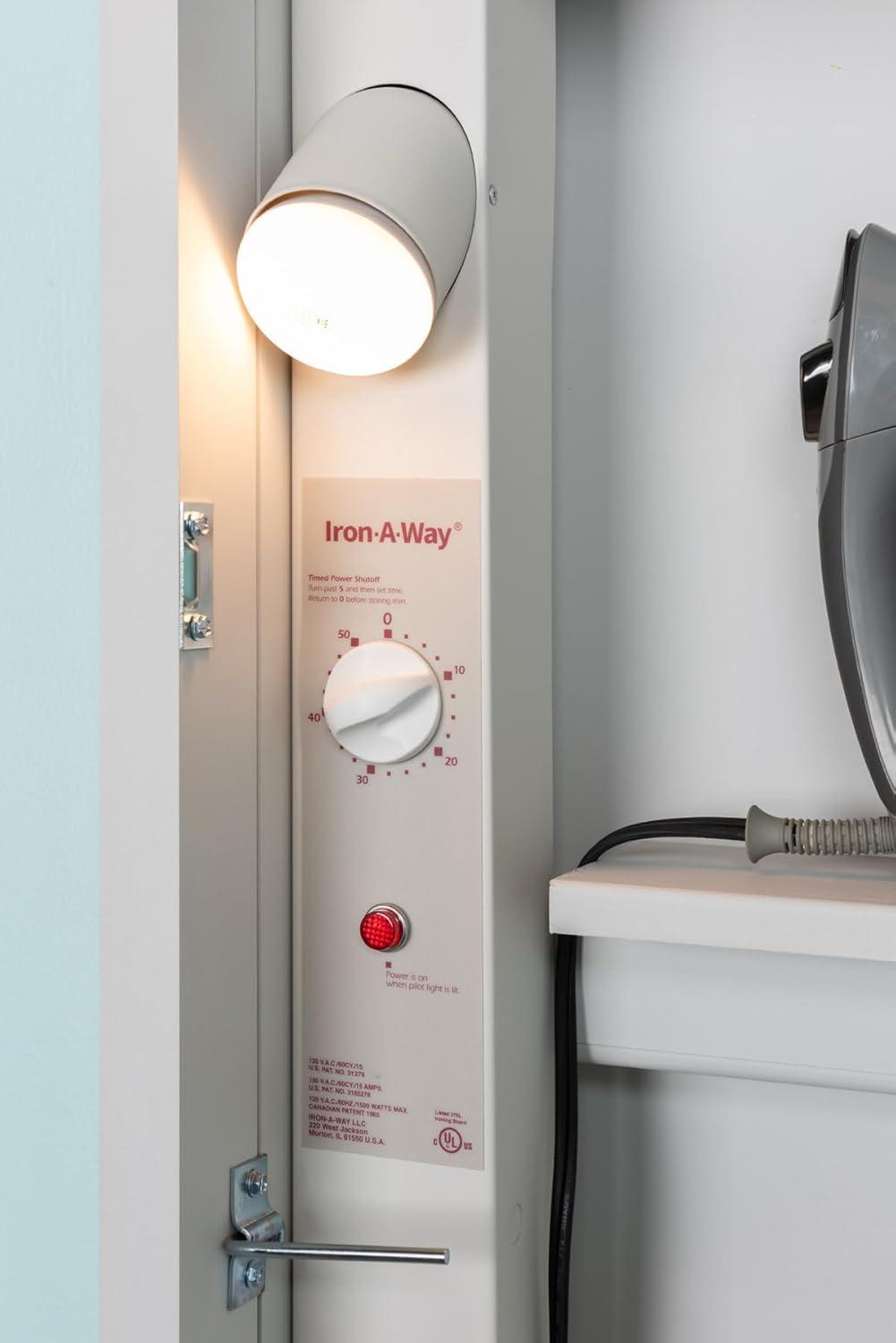 Iron-A-Way AE-42-L Ironing Center - 42 Inch Built-in Swiveling Ironing Board with Electric System, Light and Timer - Left Hinged Door - Flat White