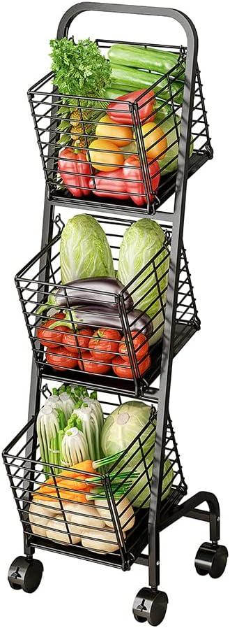 OUMIKEJI 3-Tier Fruit Basket Stand For Kitchen, Wire Market Basket Food Storage Stand With Wheels, Vegetable Produce Pantry Basket Organizer