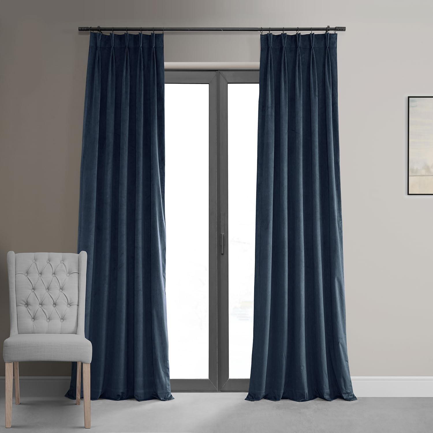 Half Price Drapes Signature Midnight Blue French Pleat Velvet Blackout Curtains(1 Panel), 50WX 120L