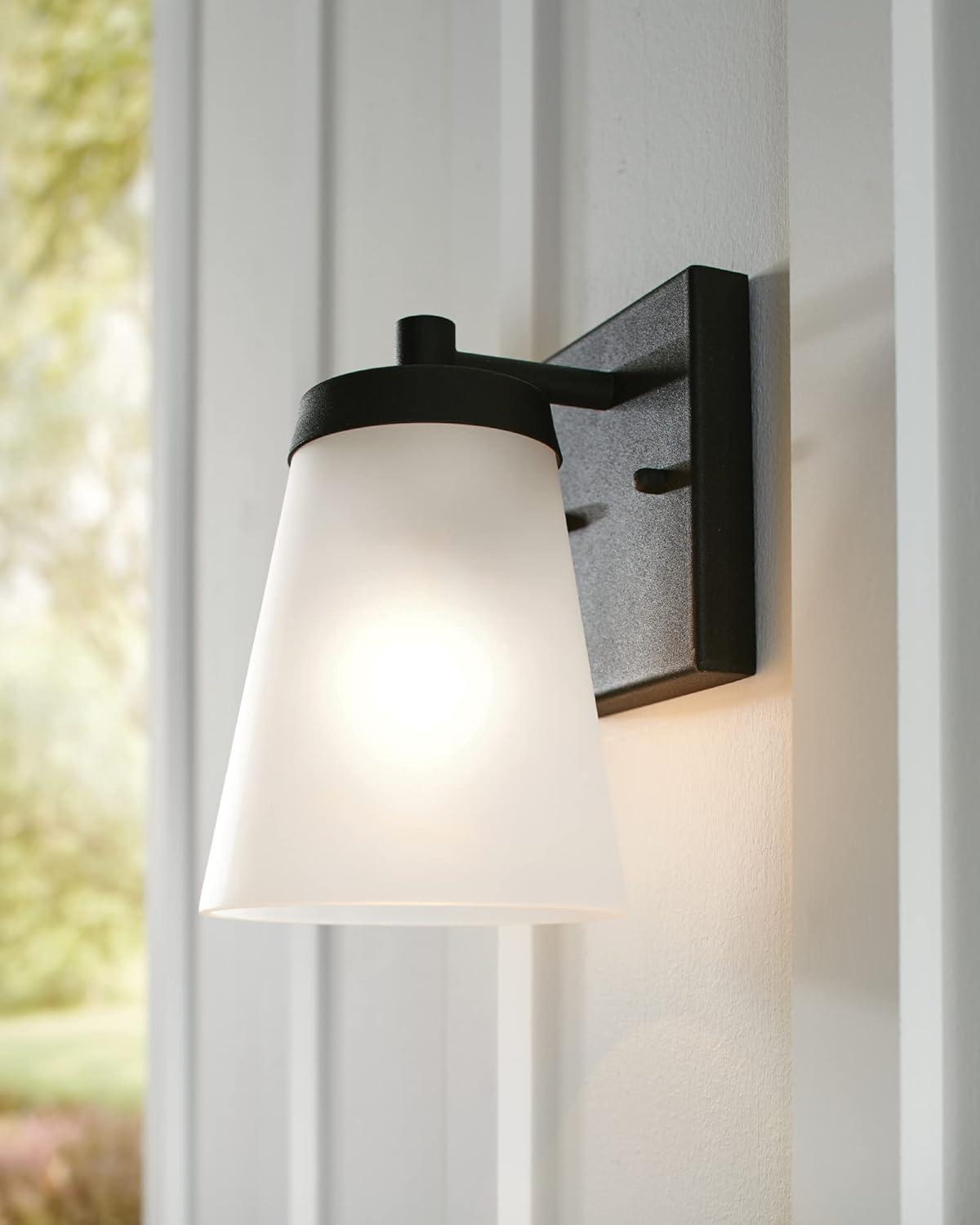 Renville Modern Black Outdoor Wall Sconce with Satin Etched Glass