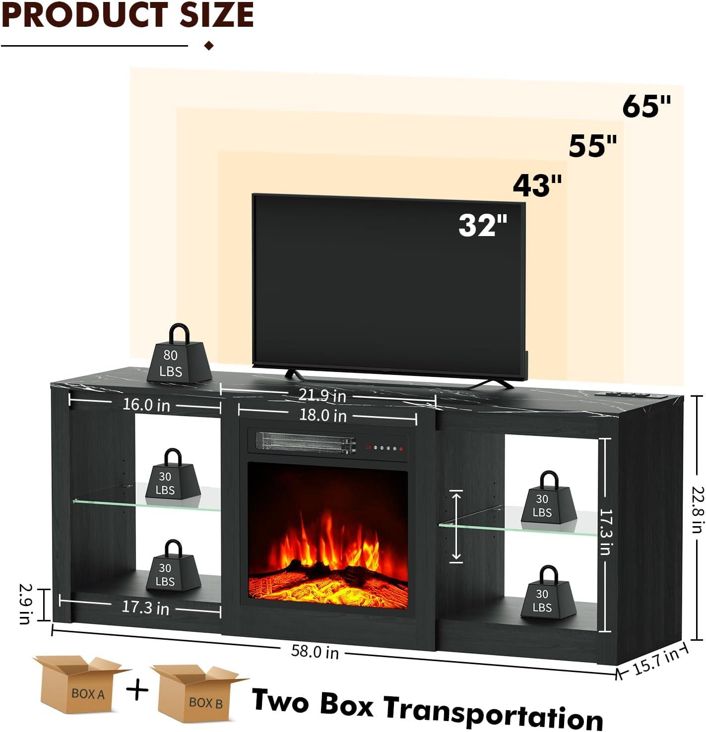 BOSSIN 58" Fireplace TV Stand for 65 inch TV Console with 18'' Electric Fireplace & Remote, Wooden Modern Entertainment Center for Living Room with LED Light Glass Shelves