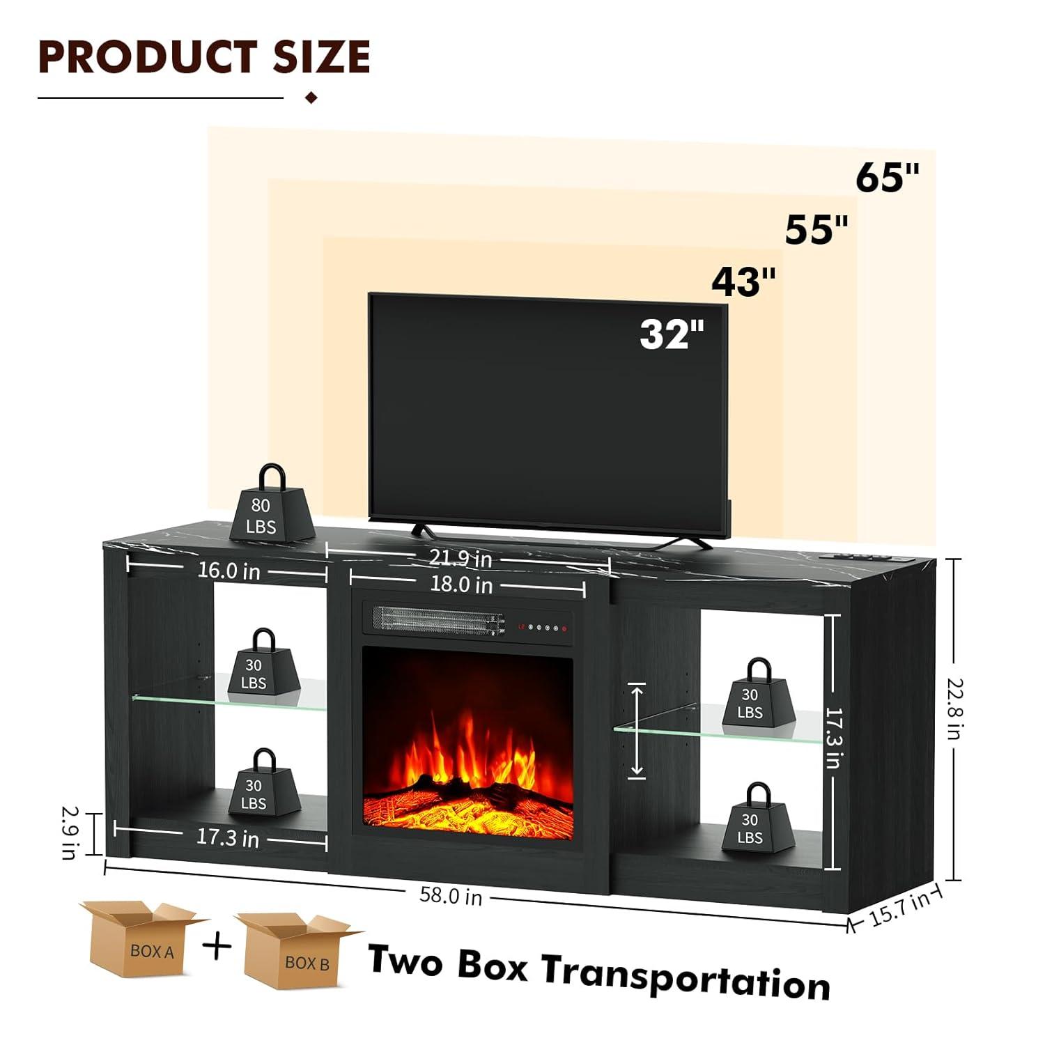 BOSSIN 58" Fireplace TV Stand for 65 inch TV Console with 18'' Electric Fireplace & Remote, Wooden Modern Entertainment Center for Living Room with LED Light Glass Shelves