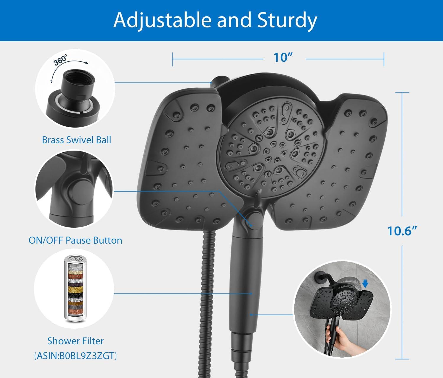 Black Shower Heads with Handheld Spray Combo 2.5GPM: 10” Rainfall Shower Head & Detachable Shower Head, 10 Spray Settings Handheld Shower Head with ON/OFF Switch and 15-Stage Filter