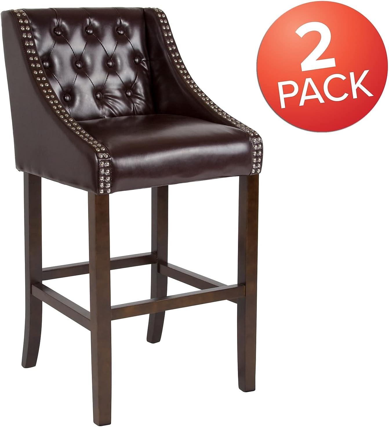 Flash Furniture 2 Pk. Carmel Series 30" High Transitional Tufted Walnut Barstool with Accent Nail Trim in Brown LeatherSoft