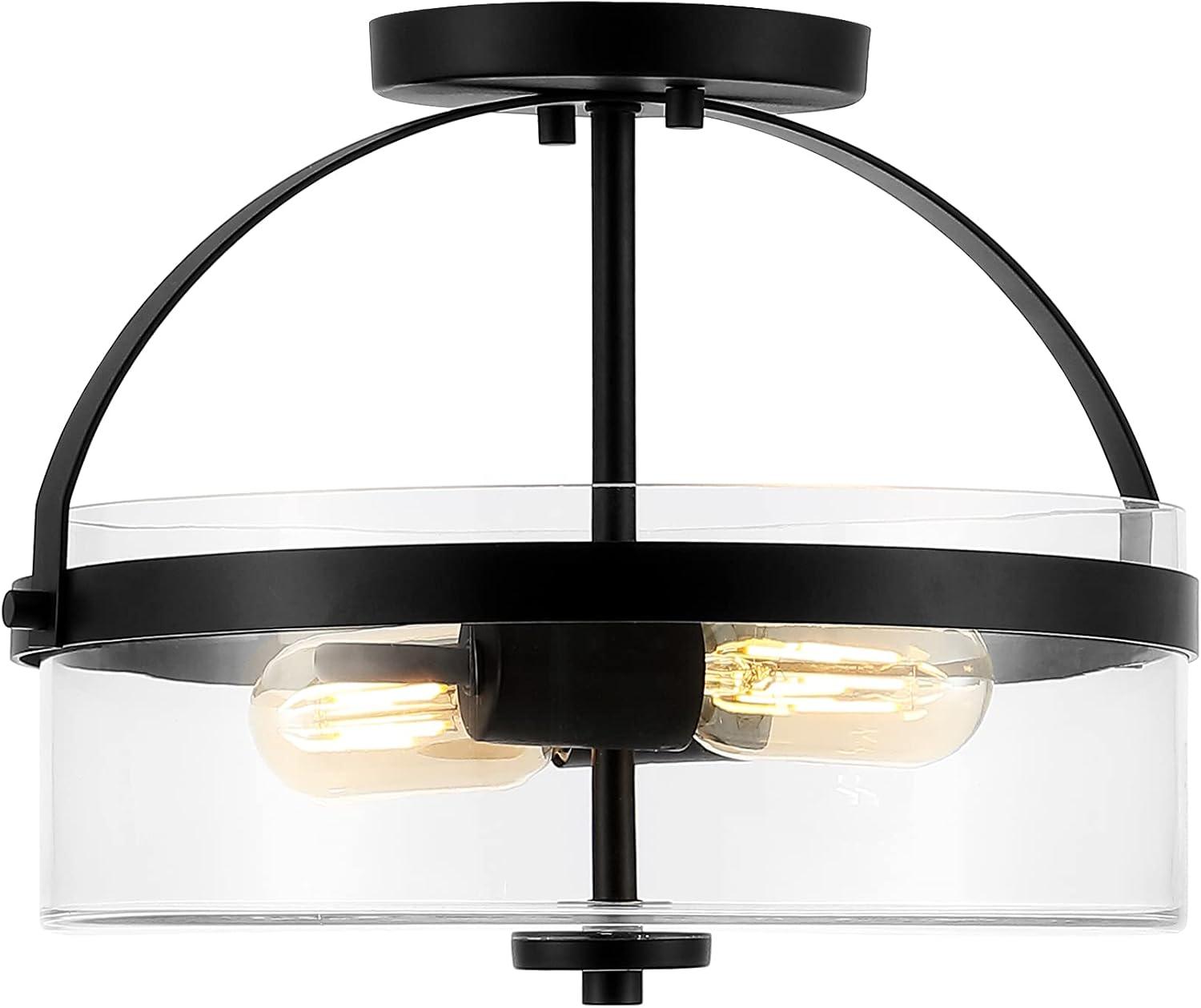 SAFAVIEH Nensor 13 in. Farmhouse 2-Light Black Metal Mount Light with Clear Shade