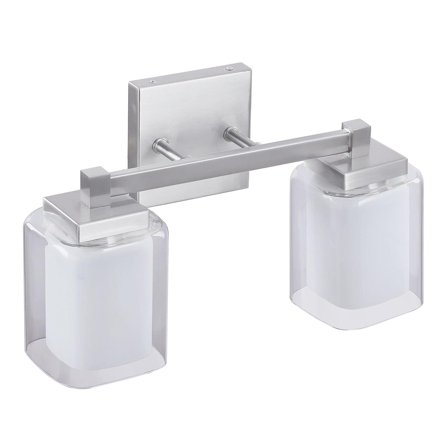 Aspen Creative 62326, Bathroom Vanity 2 Lights Fixture 15" W x 9" H x 5-3/4"E, Satin Nickel Finish, Bulb Not Included