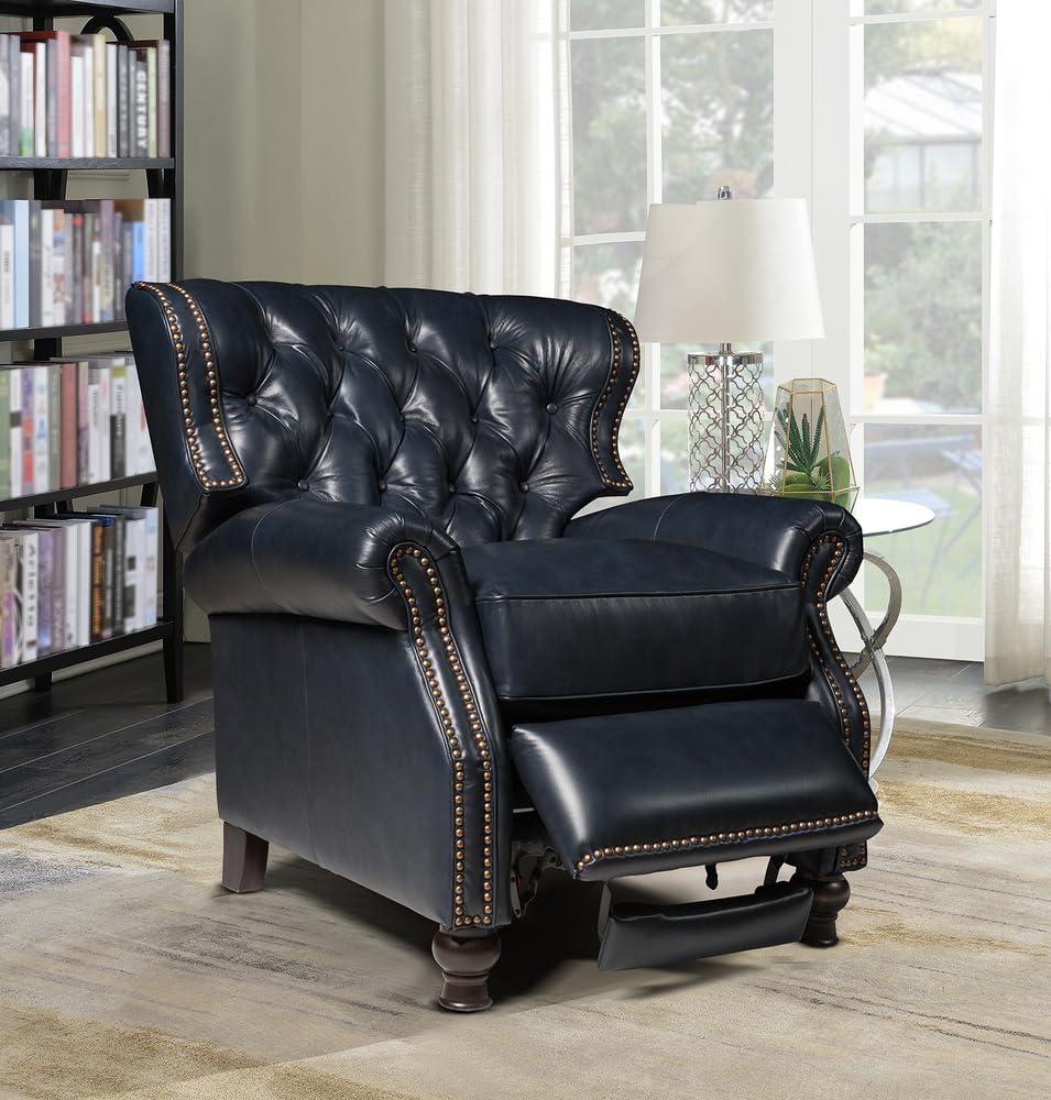 Handcrafted Blue Leather and Wood Presidential Recliner