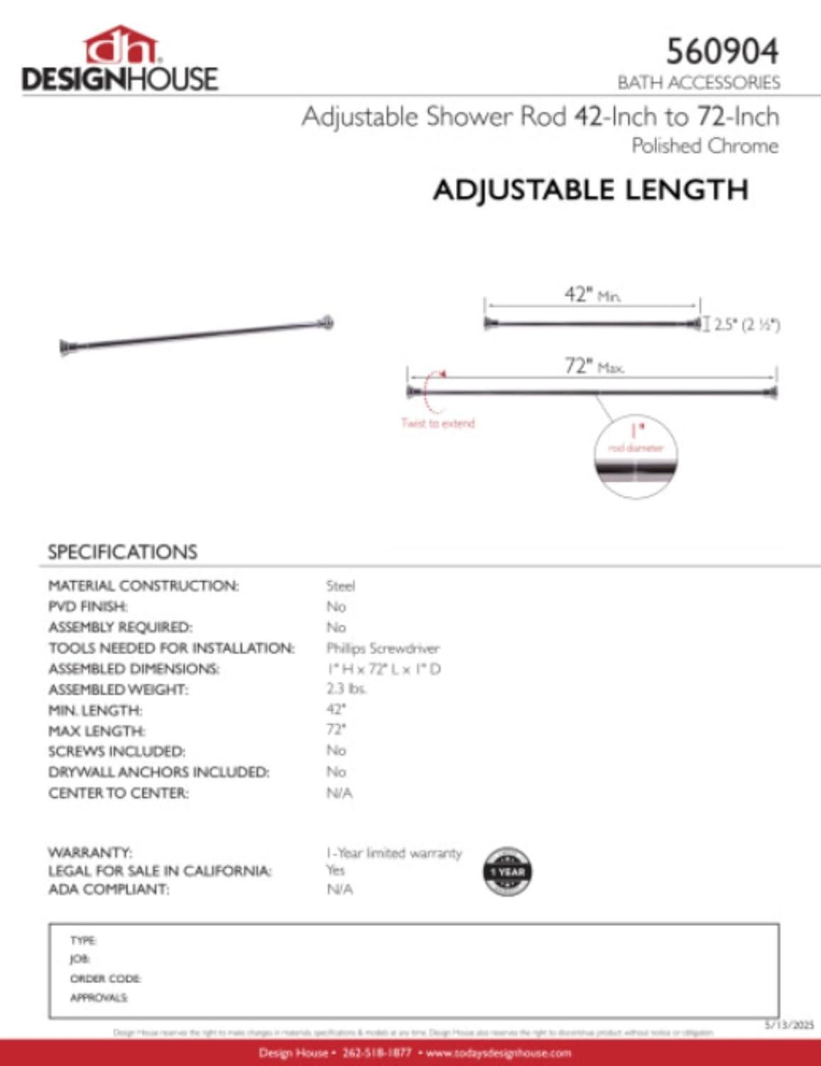 Design House Classic Adjustable Straight Tension Shower Curtain Rod for Bathroom