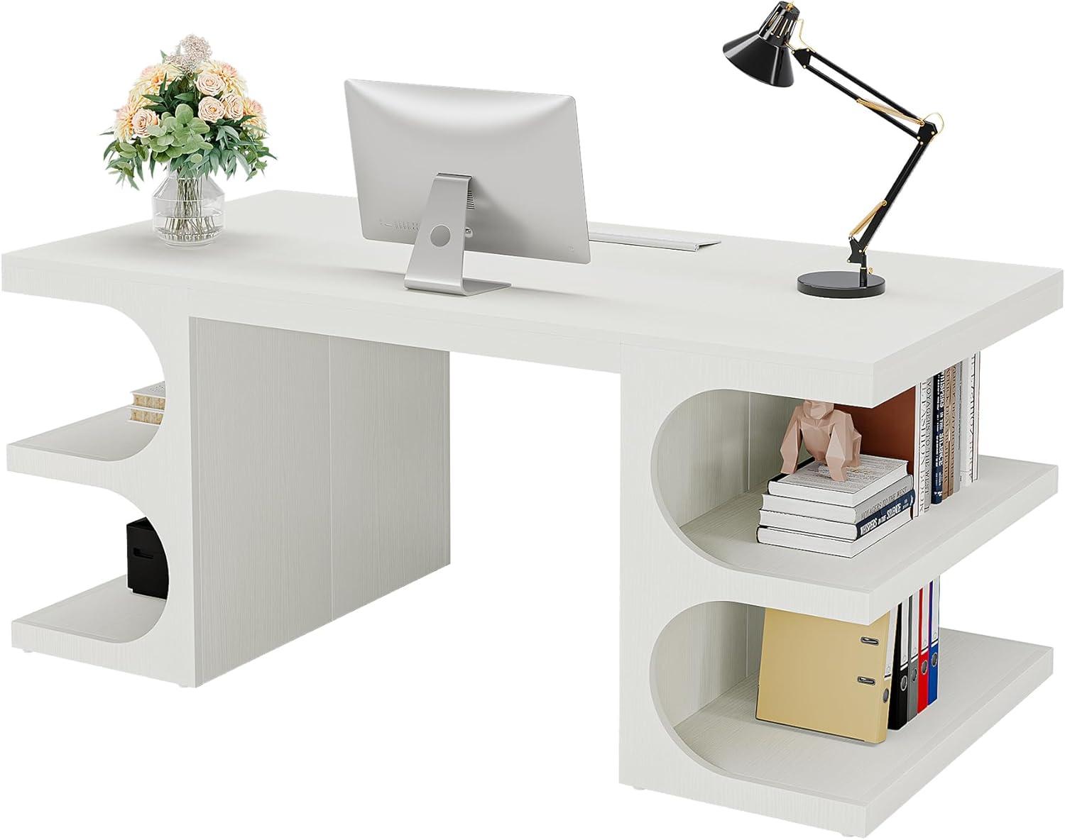 Ivy Bronx 62" White Computer Desk For Home Office, Modern Executive Office Desk with  Storage Shelves
