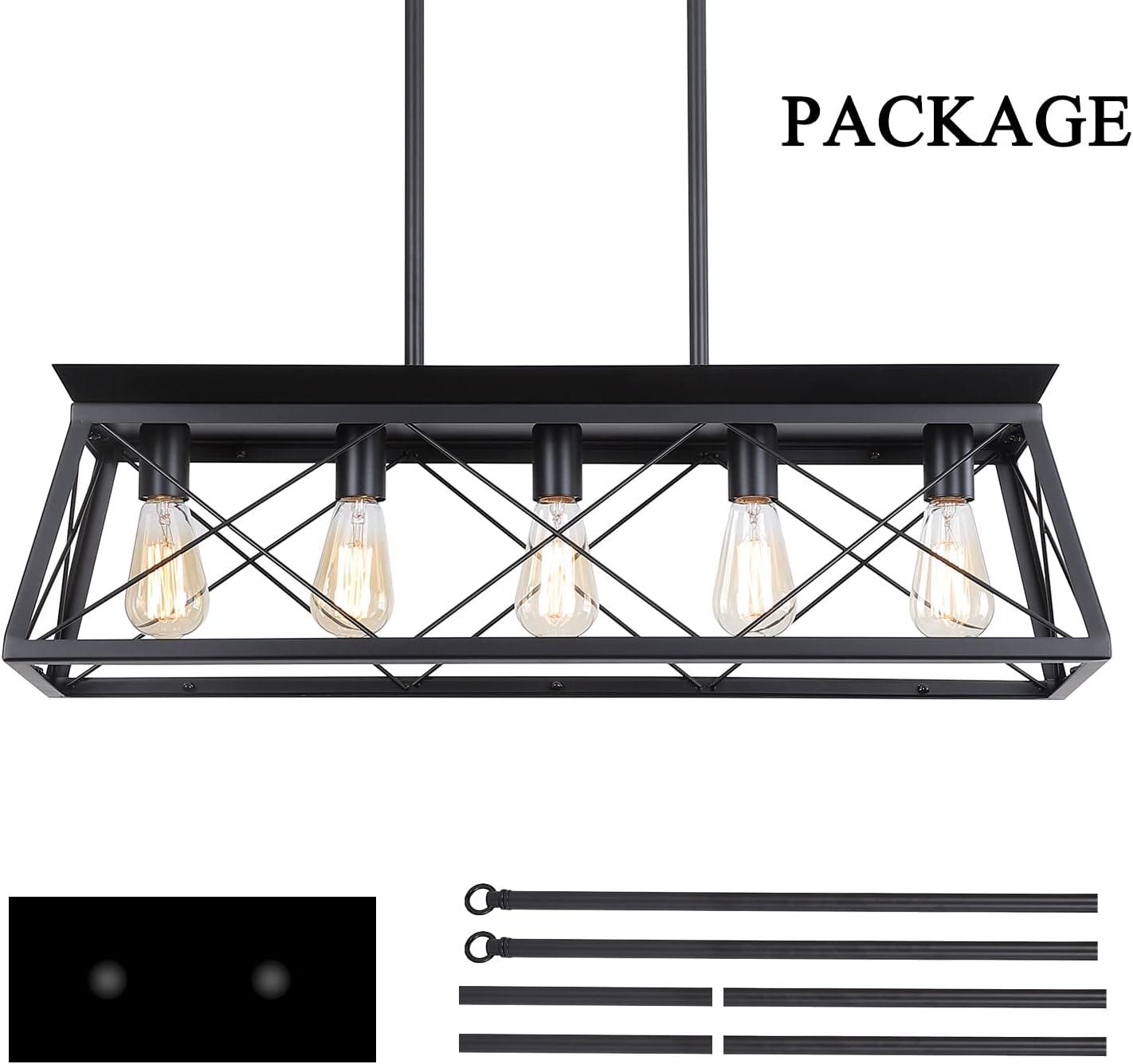 5-Light Farmhouse Chandeliers For Dining Room, Metal Rustic Pendant Island Light Fixture, Modern Rectangular Island Lights For Kitchen, Living Room Pure Black(No Bulbs)