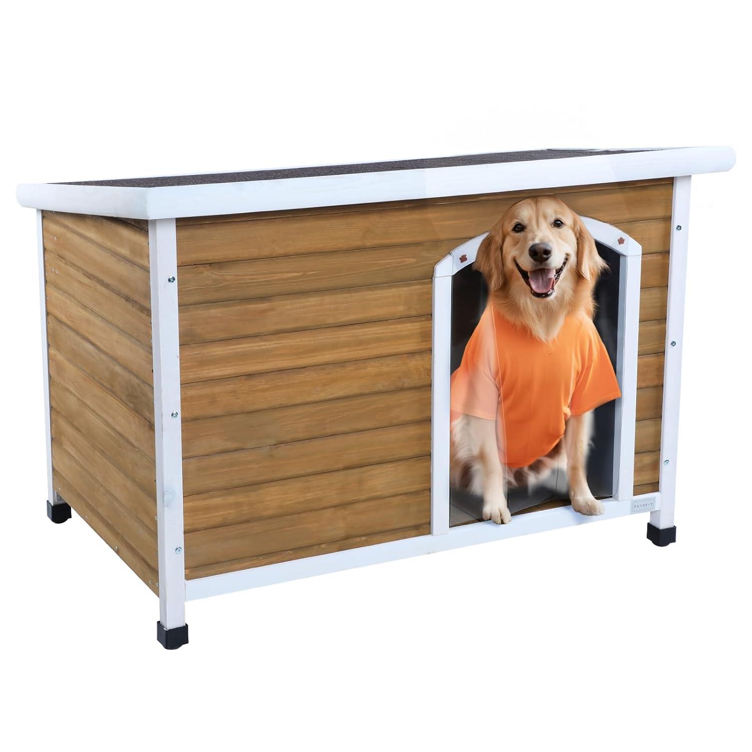 Petsfit Wooden Dog House for Medium to Large Dogs, Yellow and White, large/45.6" x 30.9" x 32.1"