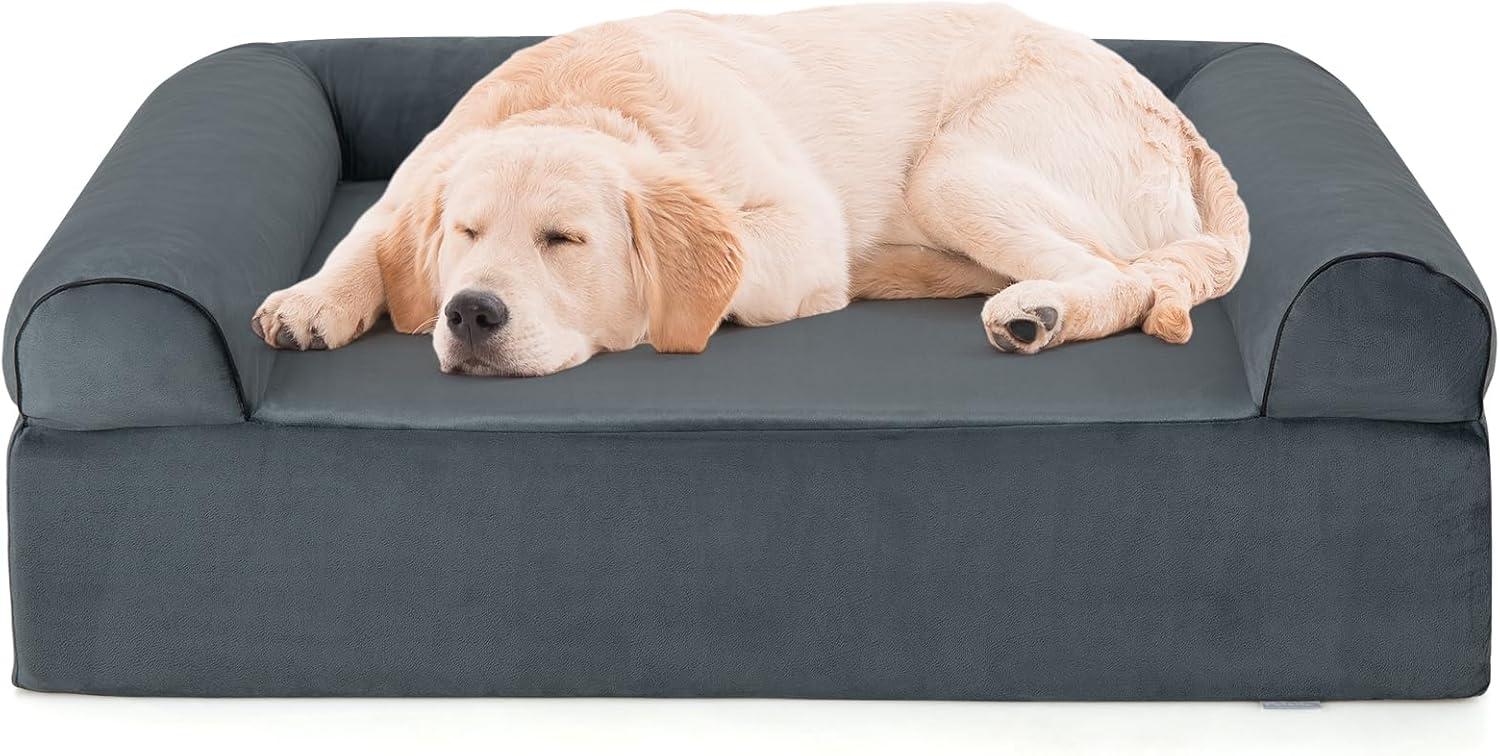 Orthopedic Dog Bed Memory Foam Pet Bed with Headrest for Large Dogs-Grey