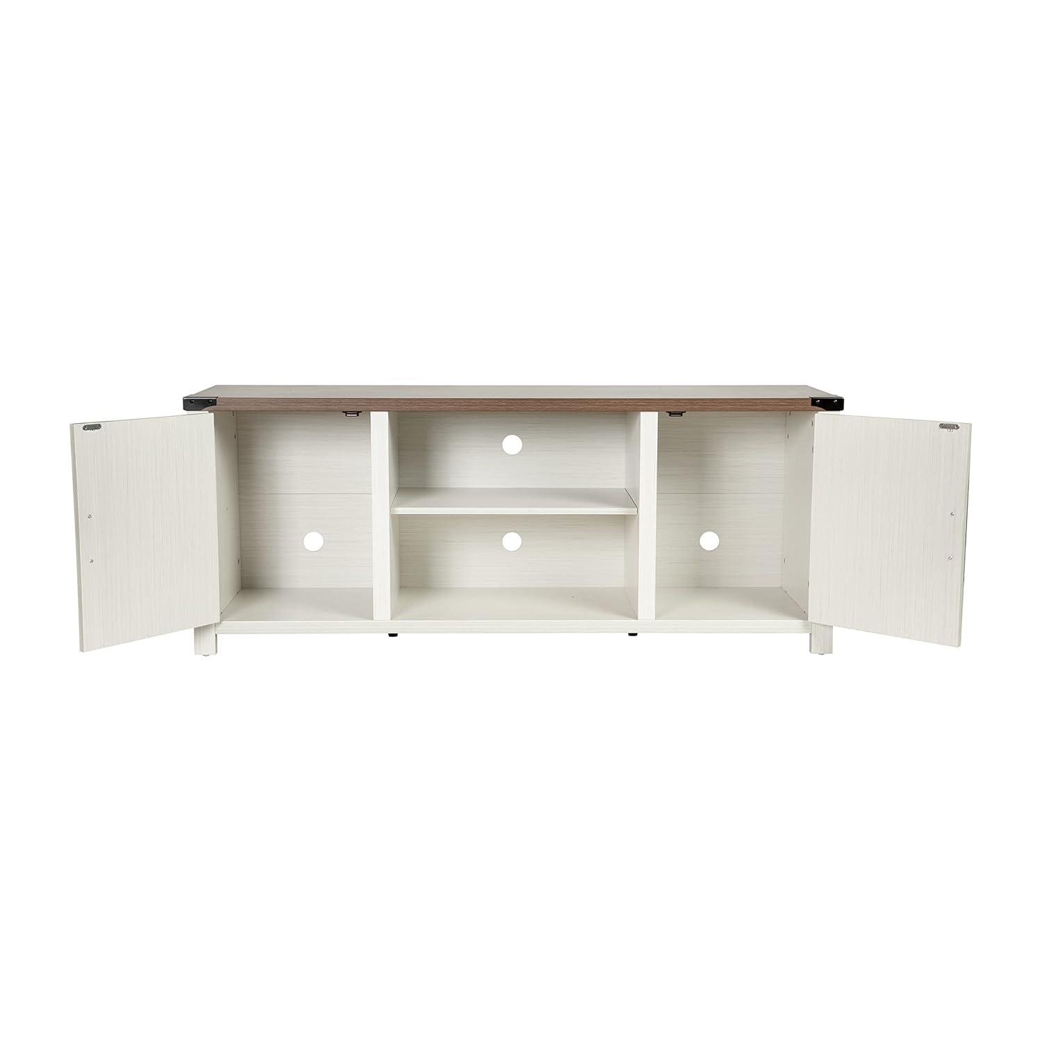 Emma + Oliver Barn Door Style TV Stand for up to 65" TV's - White Wash with Walnut Top Entertainment Center - 59" Media Console with Adjustable Middle Shelf