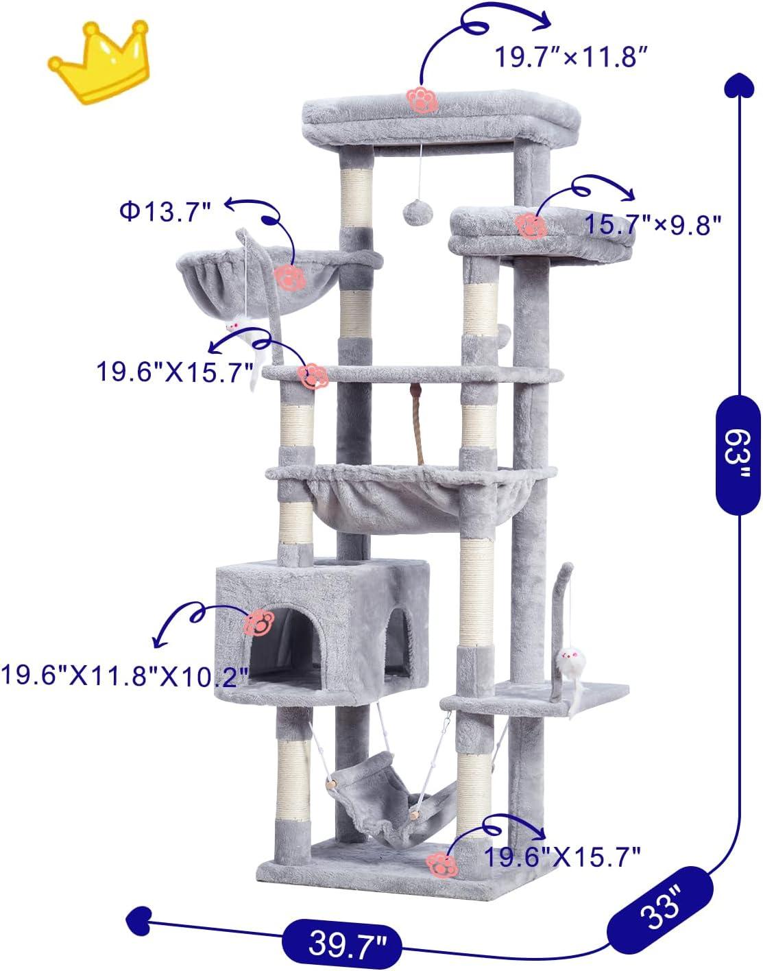 63" Cat Tree For Large Breeds - Spacious Platforms, Hammock, Sisal Scratching Posts & Cat Condo, Indoor Use