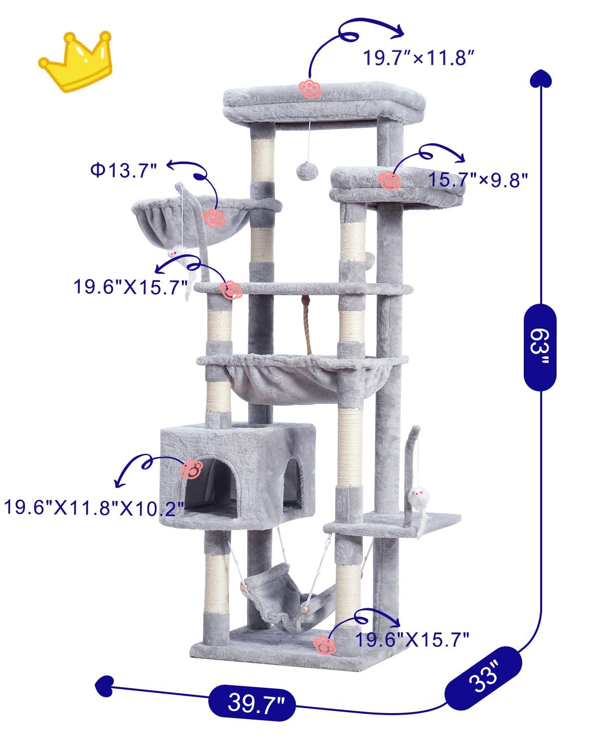 Tucker Murphy Pet™ 63" Cat Tree For Large Breeds - Spacious Platforms, Hammock, Sisal Scratching Posts & Cat Condo, Indoor Use