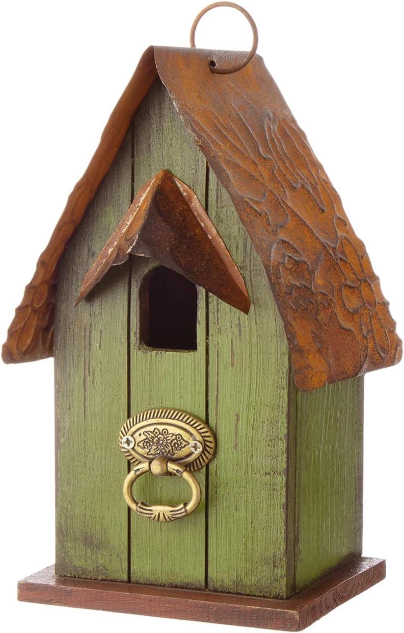 Green Distressed Wooden Birdhouse with Metal Roof