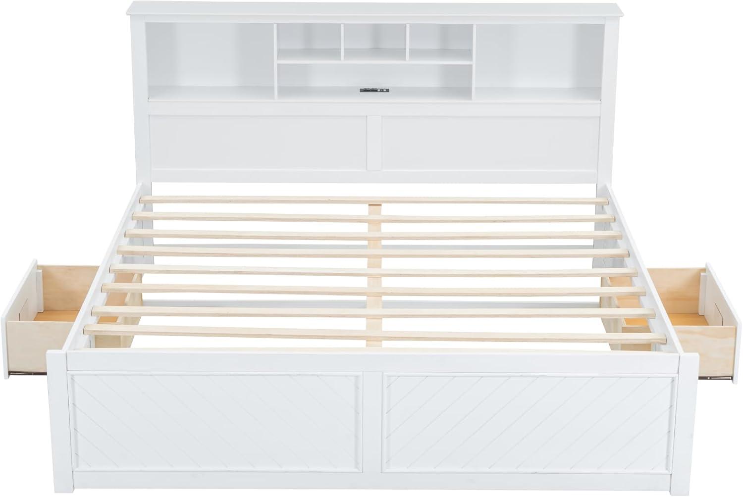 Harper & Bright Designs King Size Platform Bed with Bookcase Headboard and Storage Drawers, Wood King Storage Bed Frame with USB for Boys Girls Adults, White