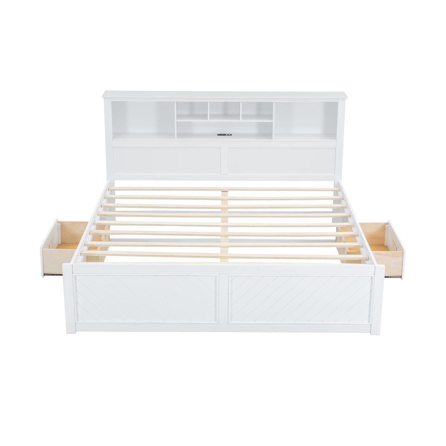 Harper & Bright Designs King Size Platform Bed with Bookcase Headboard and Storage Drawers, Wood King Storage Bed Frame with USB for Boys Girls Adults, White