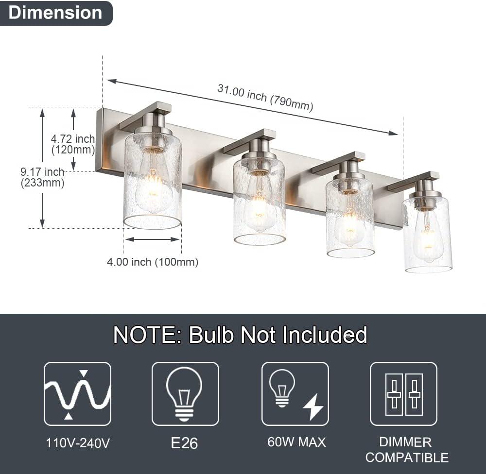 Melucee Brushed Nickel Industrial Bathroom Vanity Light Fixtures Over Mirror Seeded Glass 4 Lights Vintage Vanity Lights Farmhouse Bath Lighting