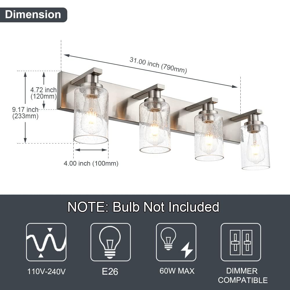 Melucee Brushed Nickel Industrial Bathroom Vanity Light Fixtures Over Mirror Seeded Glass 4 Lights Vintage Vanity Lights Farmhouse Bath Lighting