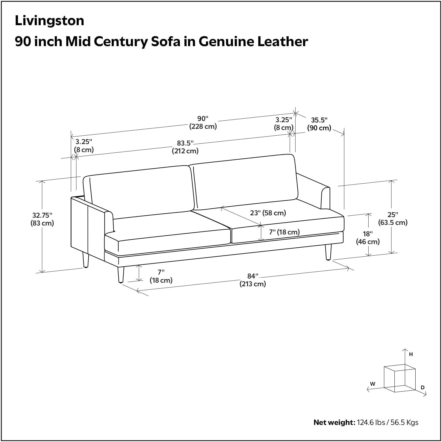 Simpli Home Livingston Top Grain Genuine Leather Mid-Century Modern Sofa With Solid Wood Frame For Living Room