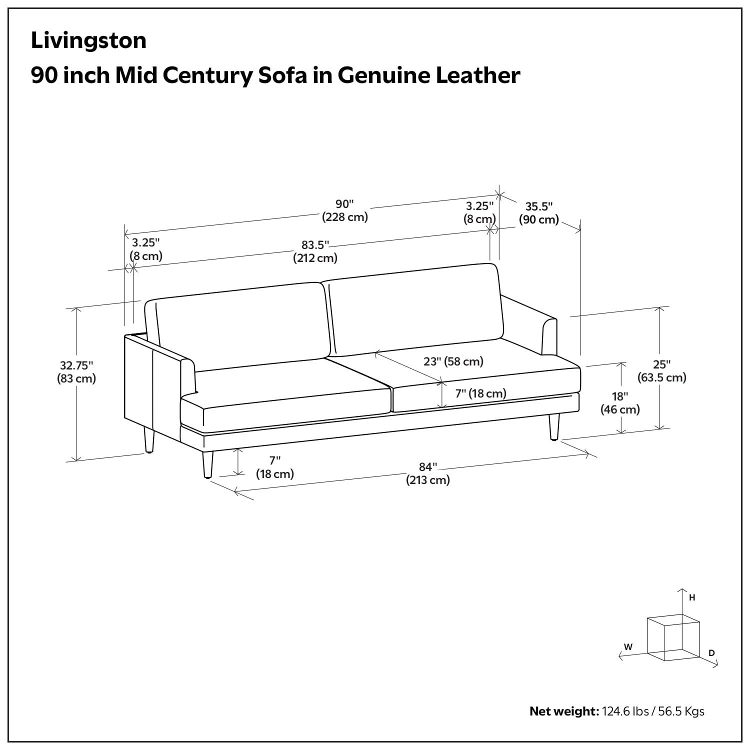 Simpli Home Livingston Top Grain Genuine Leather Mid-Century Modern Sofa With Solid Wood Frame For Living Room