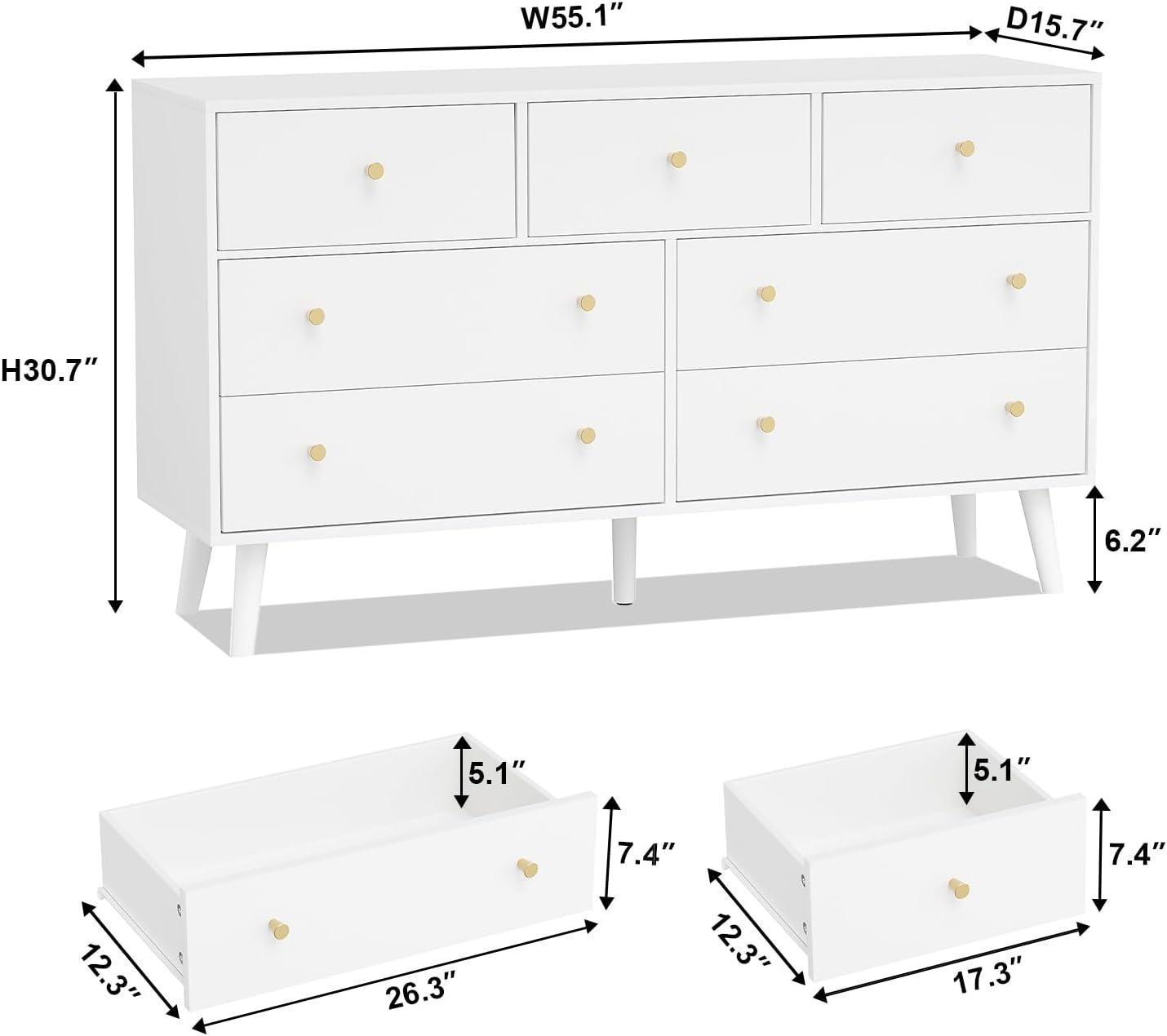 White Modern Wood Dresser with 7 Drawers and Metal Handles