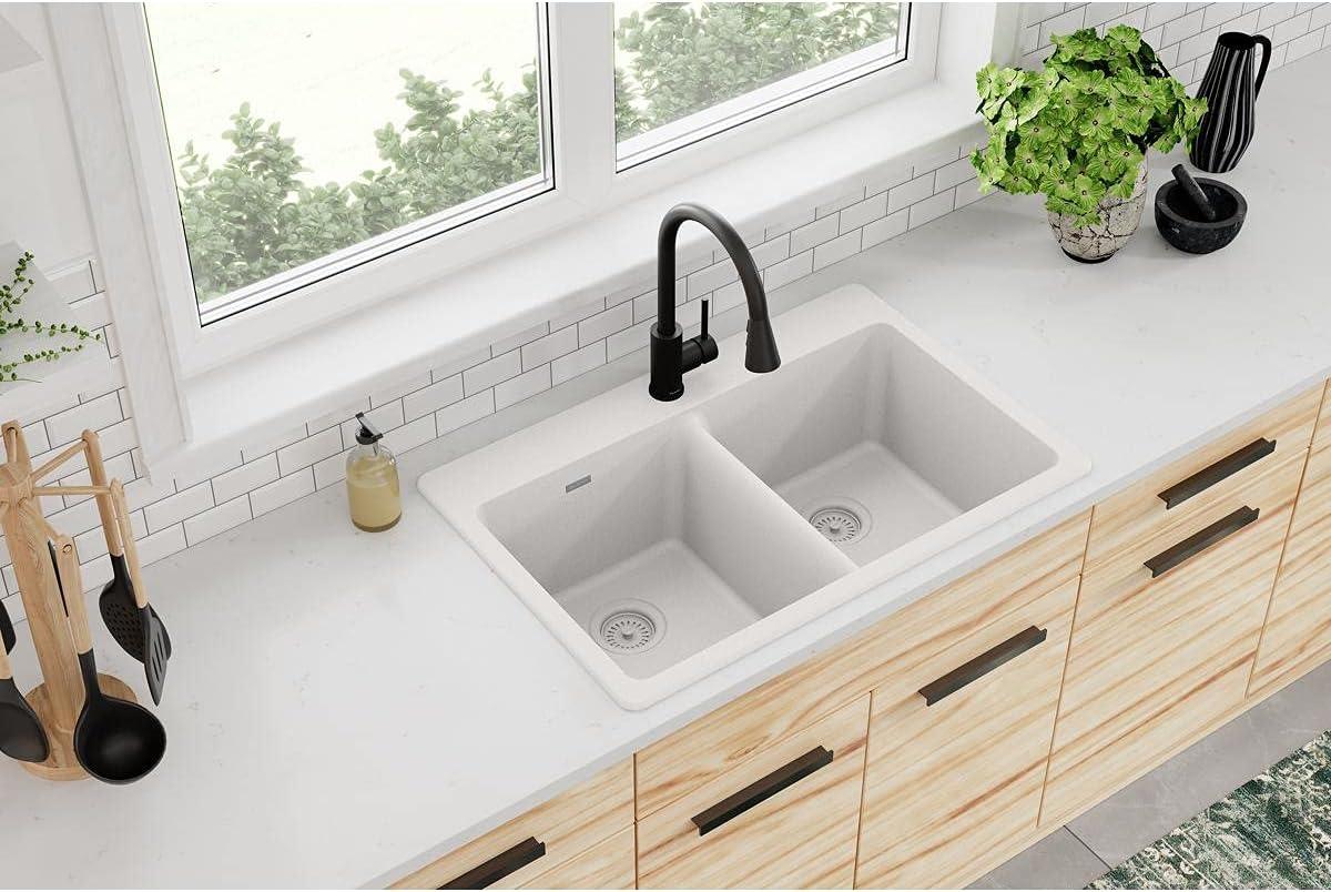 White Quartz Double Bowl Drop-In Kitchen Sink