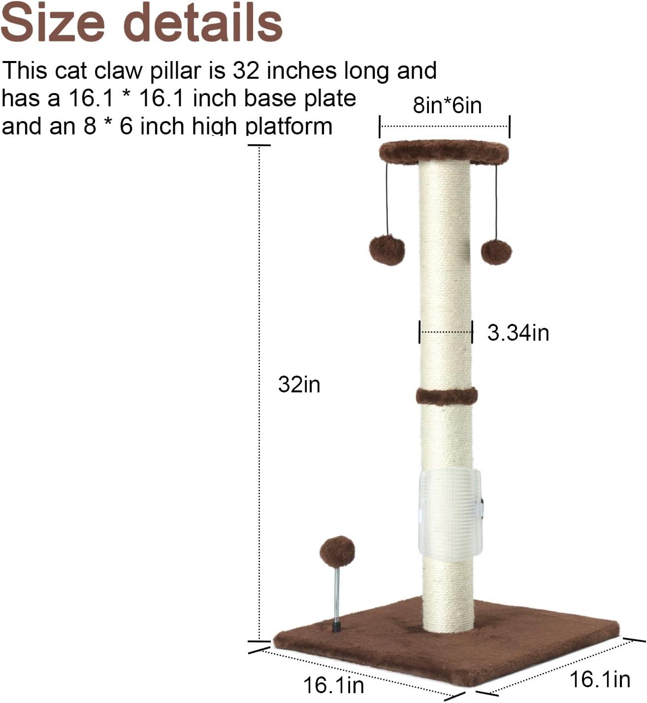 Tucker Murphy Pet™ 32" Tall Cat Scratching Post Sisal Rope Scratch Posts With Hanging Ball And Self-Massage Brush Vertical Scratcher For Indoor Cats And Kittens(Brown 32Inches)