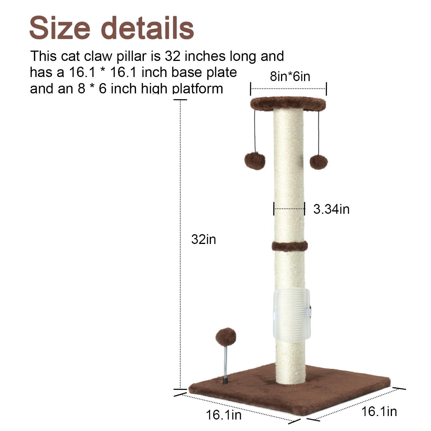 Tucker Murphy Pet™ 32" Tall Cat Scratching Post Sisal Rope Scratch Posts With Hanging Ball And Self-Massage Brush Vertical Scratcher For Indoor Cats And Kittens(Brown 32Inches)