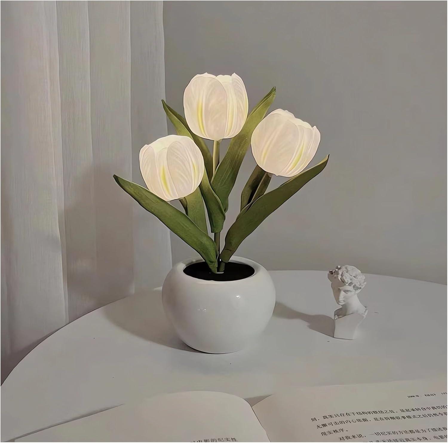 Flower Table Lamp Tulip Desk LED Night Light Heads Artificial Flower Lamp Small Desk Decor Lamp Desk Tablefor Bedroom Bedside Lamp Ambient Light Decor (White-USB)