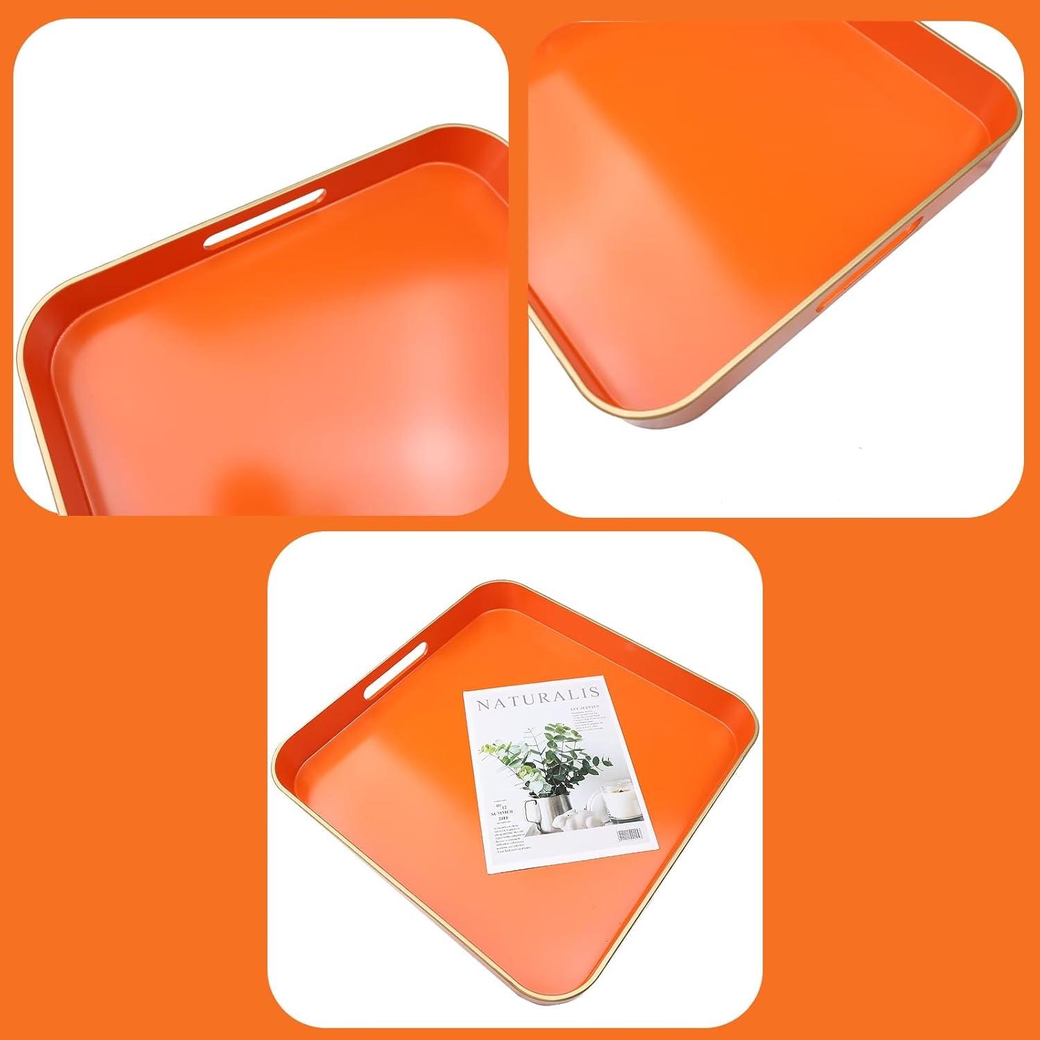 MAONAME Decorative Tray, Orange Serving Tray with Handles, Coffee Table Tray, Square Plastic Tray for Ottoman, Bathroom, Kitchen, 13"x13"x1.57"