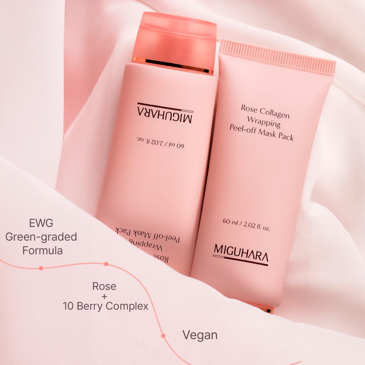 Rose Collagen Wrapping Peel-Off Mask Pack, Facial Mask with Damask Rose Water, Hydrolyzed Collagen & Botanical Fruit Extracts for Hydrated, Glowing Look & Korean Glass Skin (60ml/2.02 fl.oz.) (Pink)