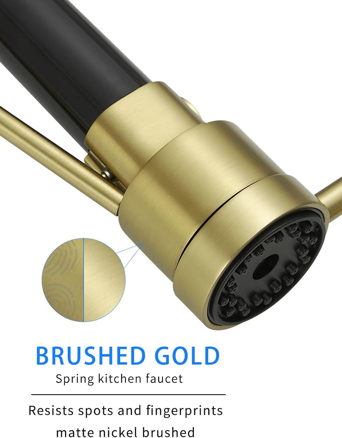 Brushed Gold Brass Kitchen Faucet with Pull-Out Spray