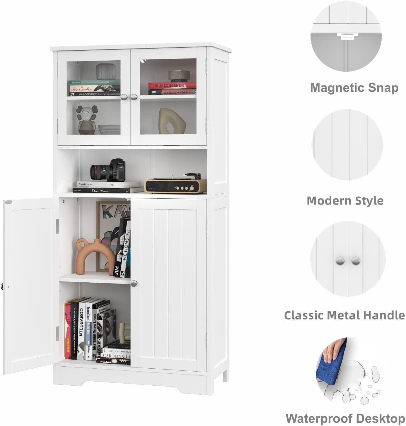 White MDF Bathroom Cabinet with Adjustable Shelving and Glass Doors