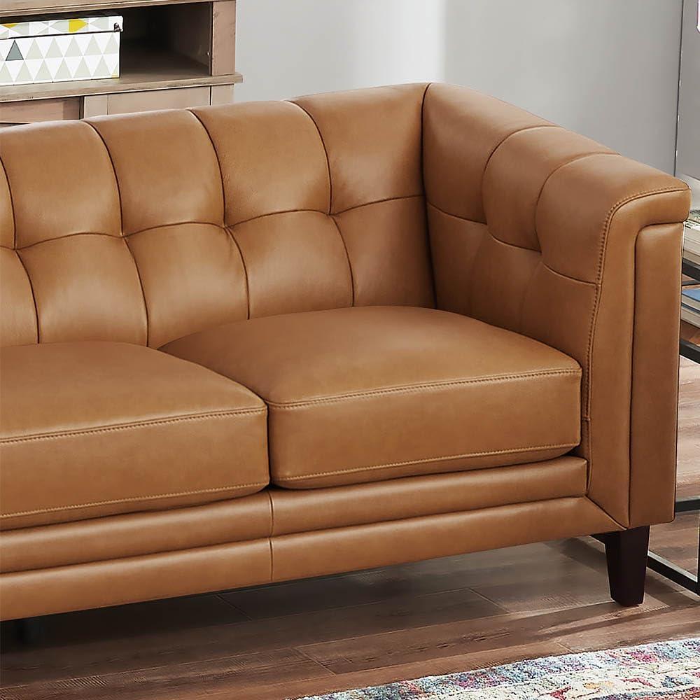 Arvo 84" Silver Gray Tufted Leather Sofa with Wood Legs