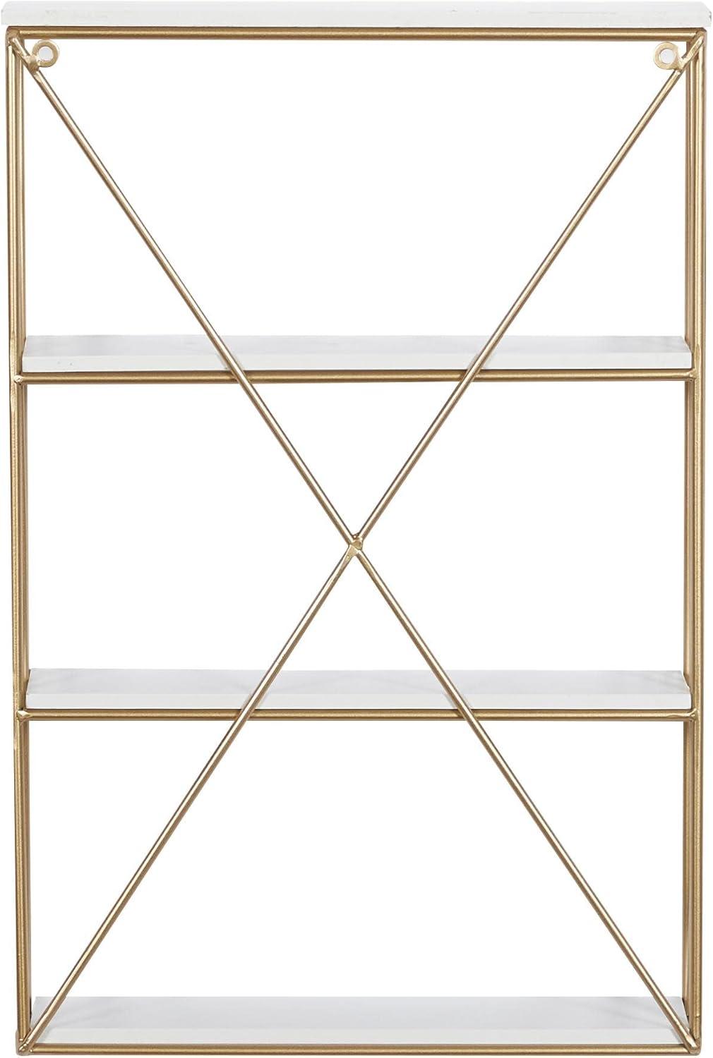 DecMode 16" x 4" 4-Tier Gold Wall Shelf with White Wooden Shelves