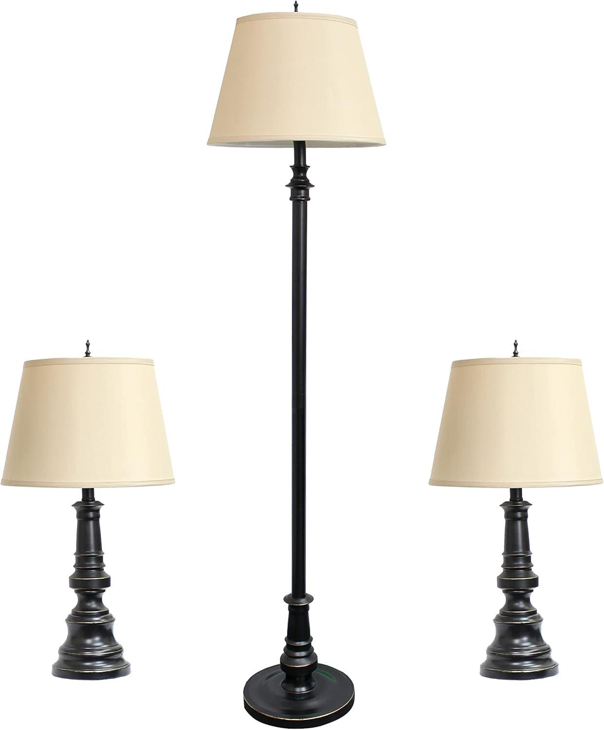 3pk Restoration Lamp Set (2 Table Lamps and 1 Floor Lamps) Bronze - Elegant Designs: Antique Finish, Cotton Shades, UL Listed