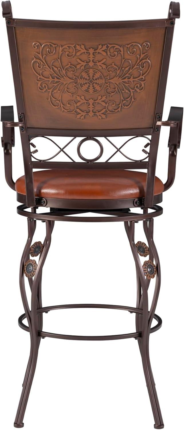 Powell Beatrix Big & Tall 30" High Back Indoor Copper Stamped Round Metal Bar Stool wth Swivel, Bronze/Warm Rust Faux Leather