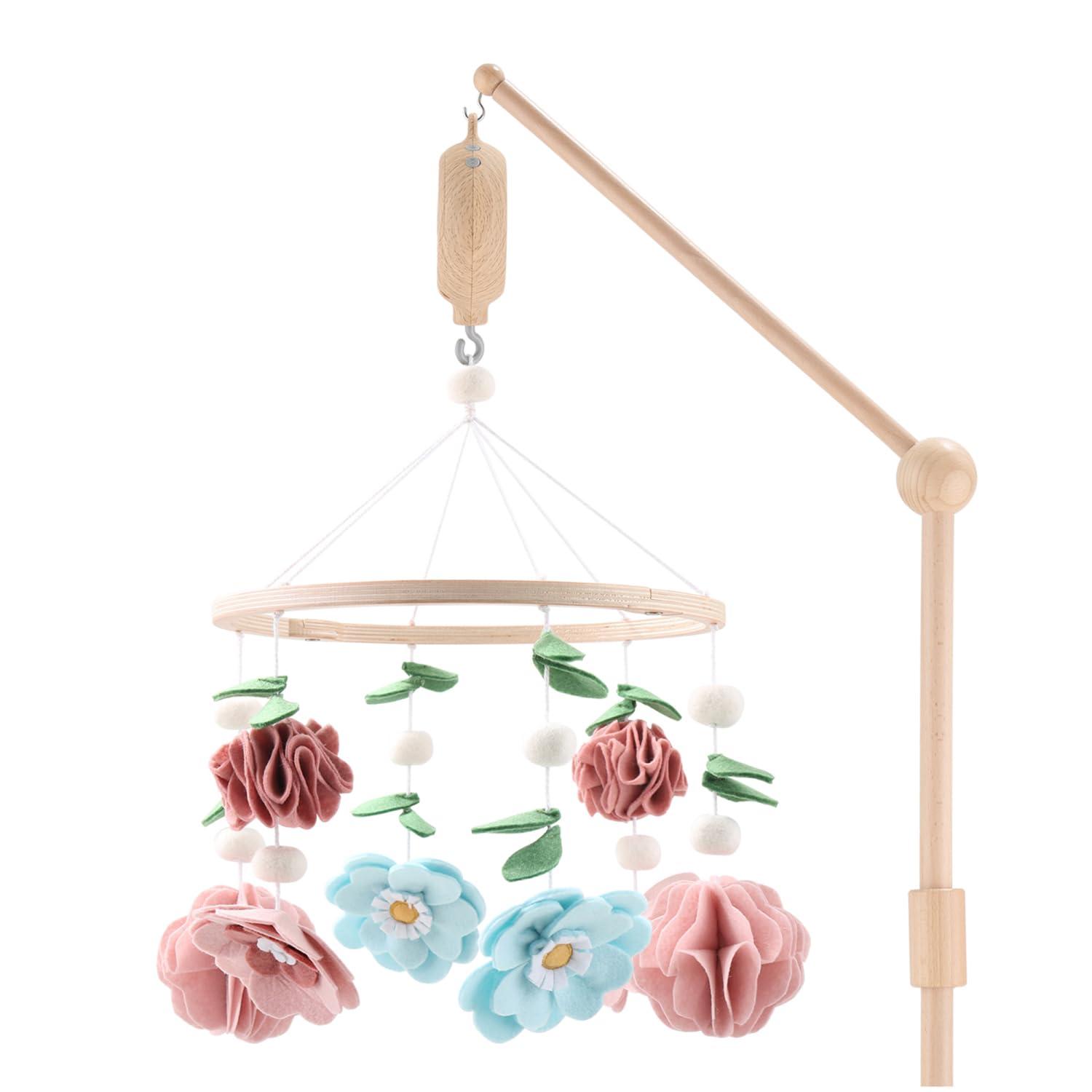 The Peanutshell Deluxe Wooden Crib Mobile Set with Arm, Music Box and Wildflower Baby Mobile, Pink