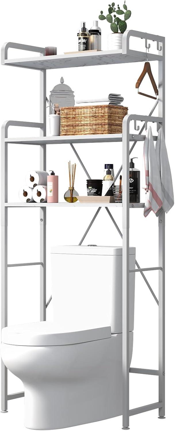 White Marble 3-Tier Over-the-Toilet Storage Rack with Hooks