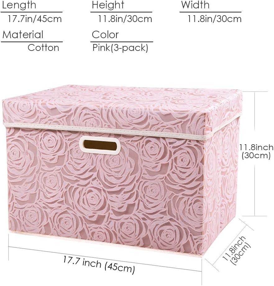Prandom Larger Foldable Storage Boxes with Lid,Rose Pattern Fabric Decorative Storage Box,Cubes Organizers,Baskets with Handles,For Bedroom,Closet, Living Room,Pink,45x30x30cm[3-Pack]