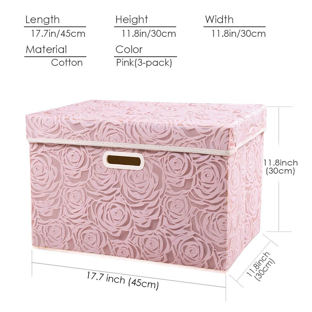 Prandom Larger Foldable Storage Boxes with Lid,Rose Pattern Fabric Decorative Storage Box,Cubes Organizers,Baskets with Handles,For Bedroom,Closet, Living Room,Pink,45x30x30cm[3-Pack]