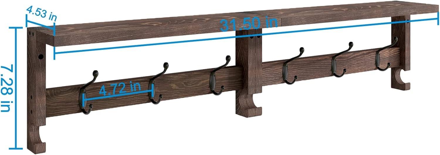 Coat Hooks, Wood Rack Wall-Mounted, 31.5 Inch Entryway Shelf with 10 Hooks (Brown)