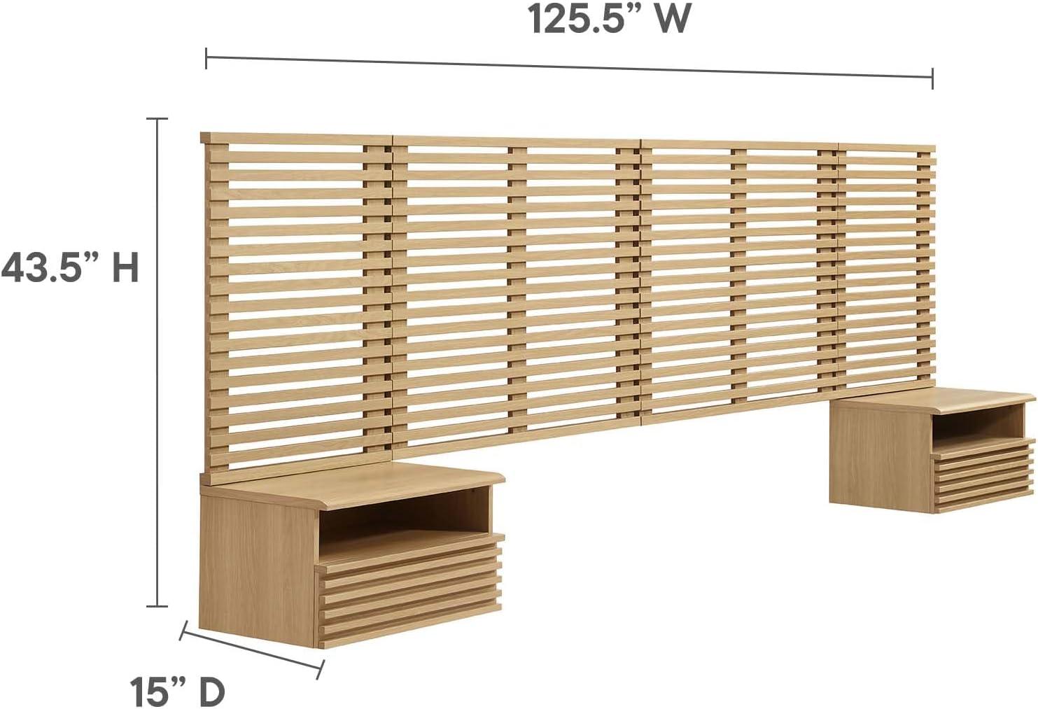 Modway Render Wall Mount King Headboard and Modern Nightstands in Oak