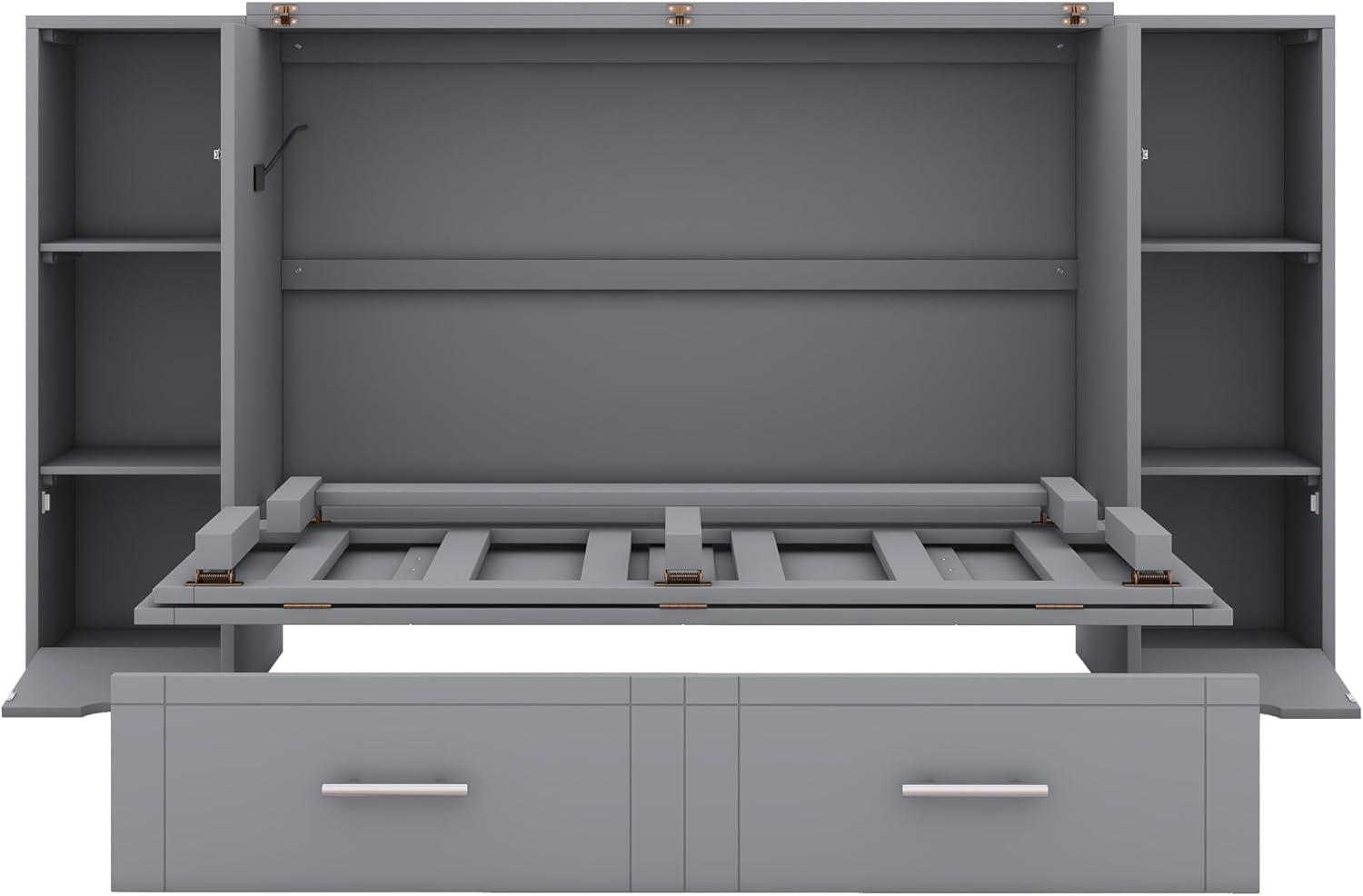 Full Size Murphy Wall Bed With Storage and Bookcase Headboard, Solid Wood Cabinets With Shelves, Drawers and USB Ports, Multi-Function Platform for Home Office, Guest Room - Gray