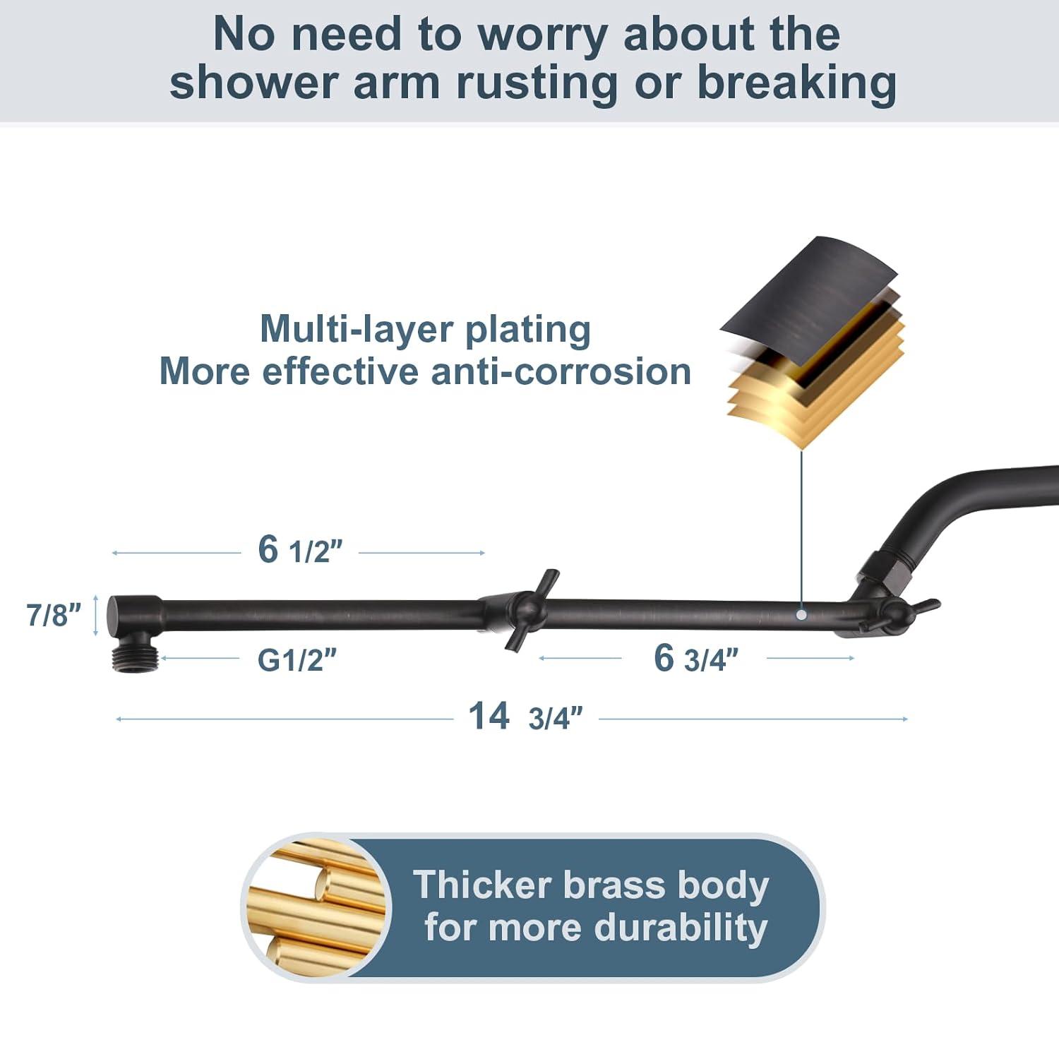 Bright Showers Brass Shower Arm Extender for Rain and Handheld Shower Head, 14 inch Universal Shower Head Extension Arm, Adjustable Height & Angle, Oil-Rubbed Bronze