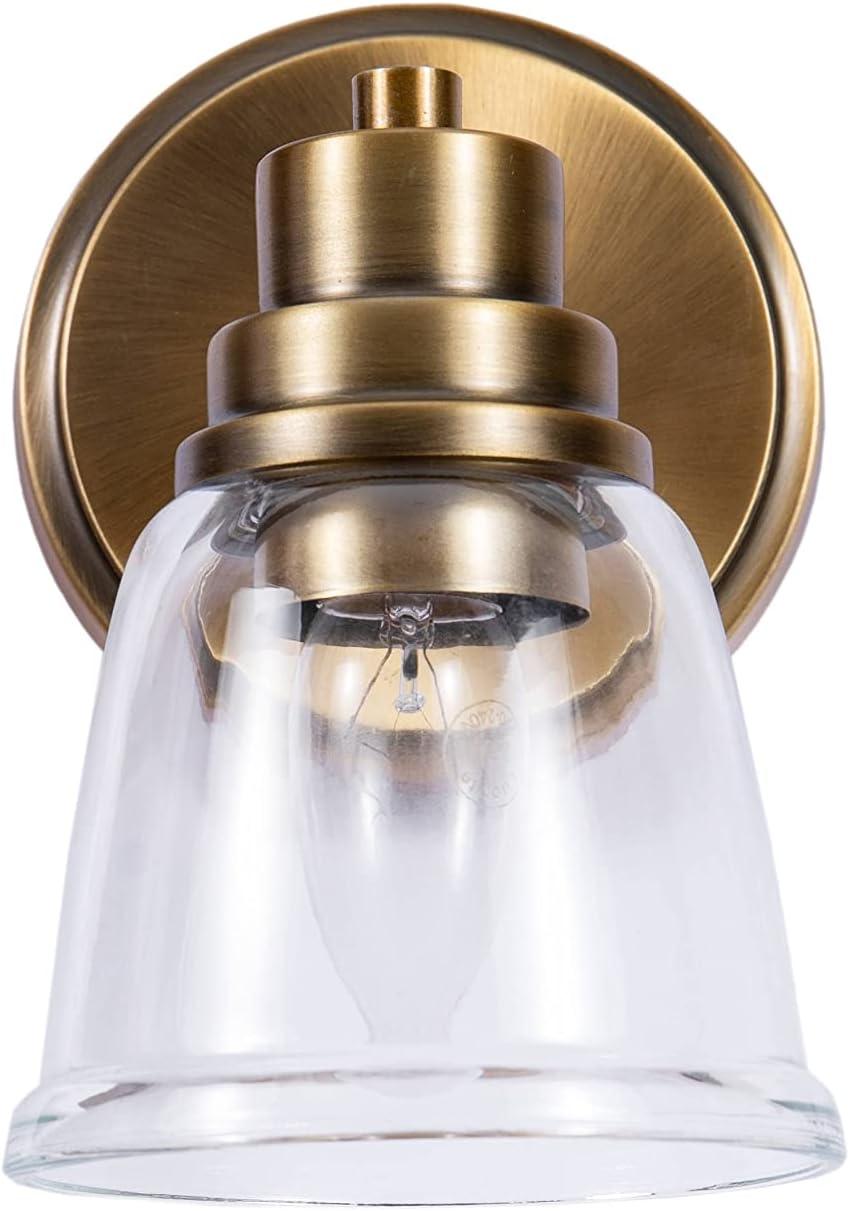 Aspen Creative 62283, Bathroom Vanity 1 Light Fixture, 5" W x 7-7/8" H x 6-3/4" E, Warm Brass Finish, Clear Glass, Bulb Not Included