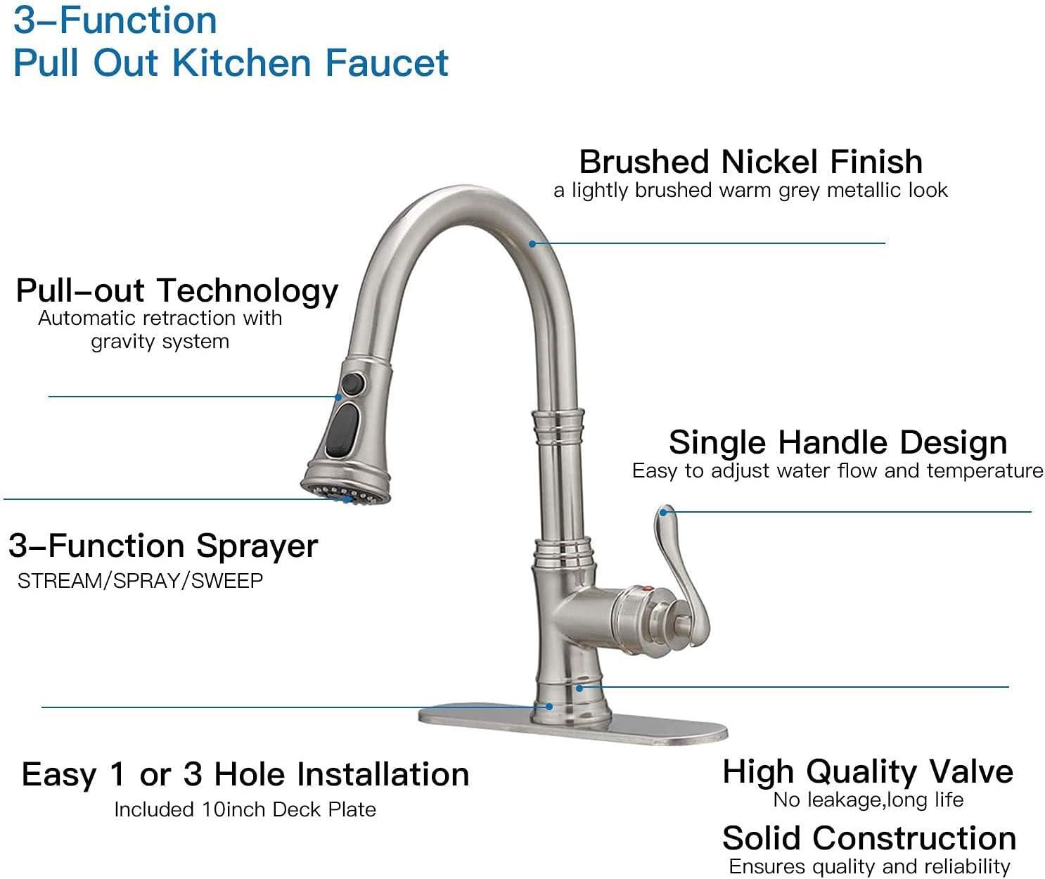 Kitchen Sink Faucet Brushed Nickel with Pull Down Sprayer 3 Mode Faucet for Kitchen Sink Single Handle High Arc Commercial Stainless Steel Pull Out RV Kitchen Faucet Bar,Deck Plate Include