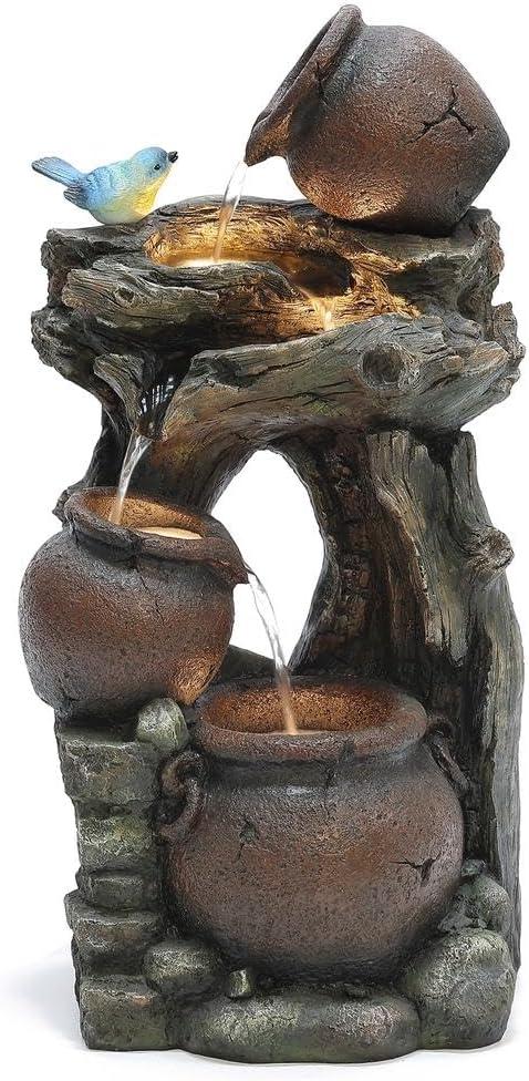 LuxenHome Rustic Pots and Pitchers on Tree Resin Outdoor Fountain with Lights Brown